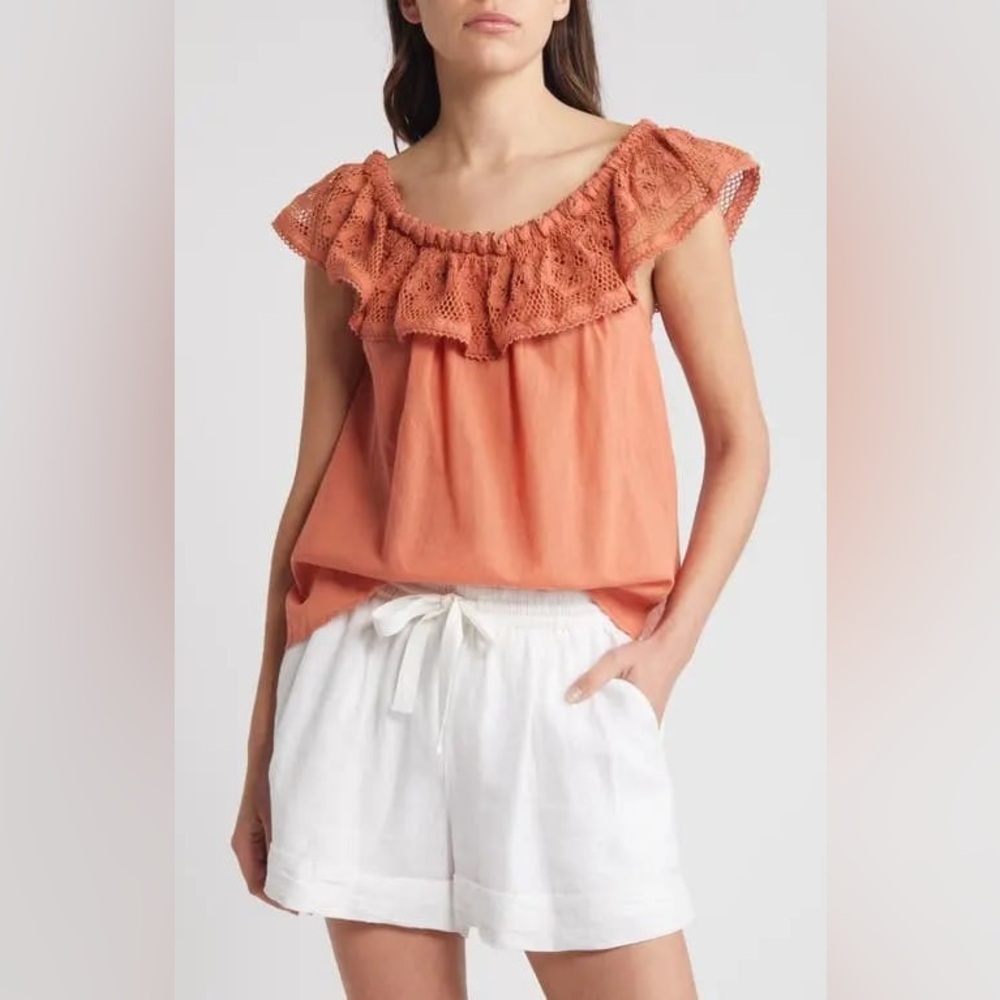 Cleobella Coral Crochet Ruffle Short Sleeve Top